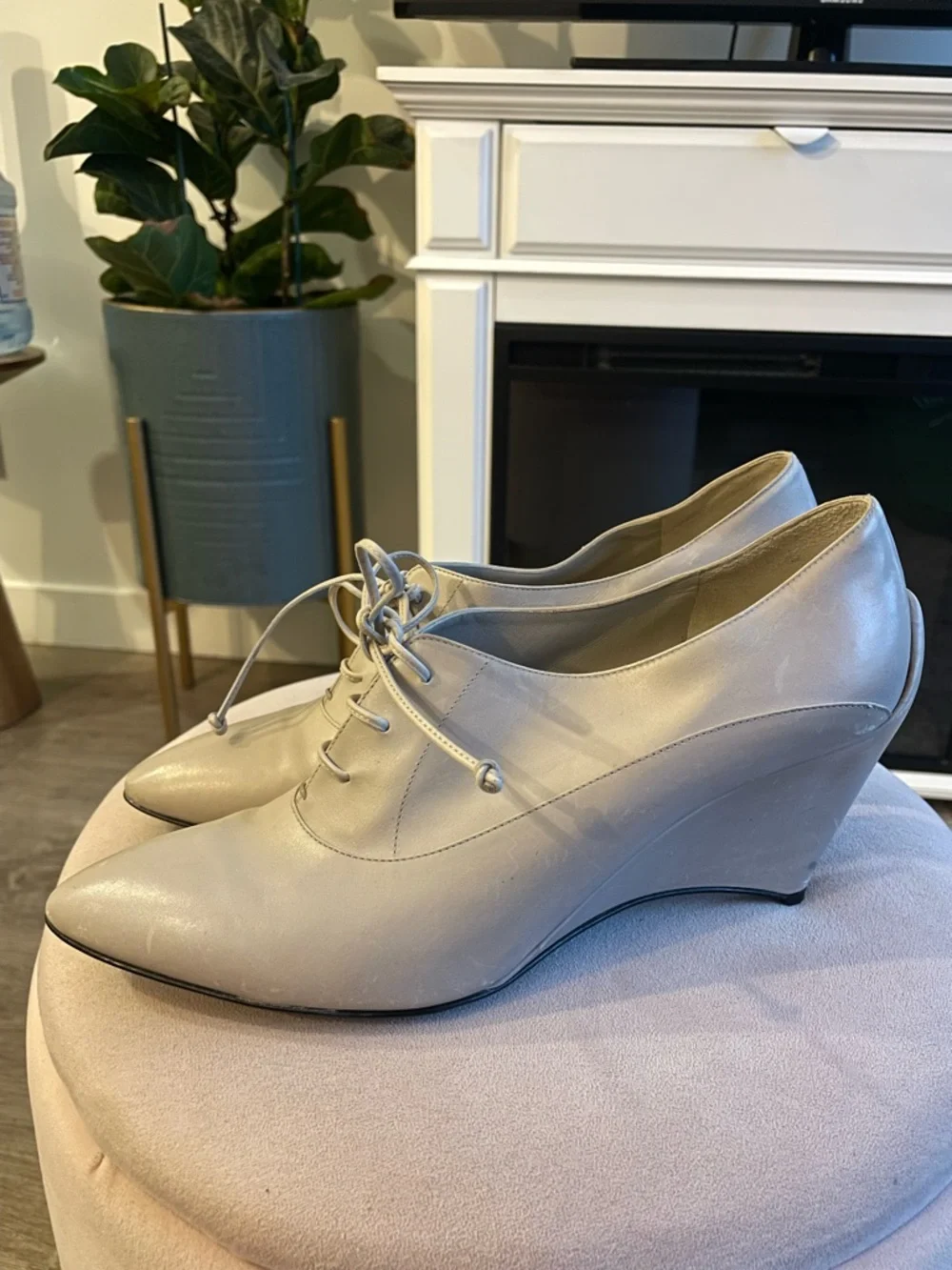 Jil Sander Neutral Beige (Sand) Leather Oxford Wedge Lace-Up Pumps - Picture 6 of 12